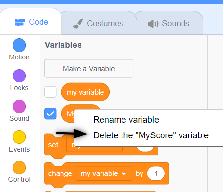 delete the variable in scratch